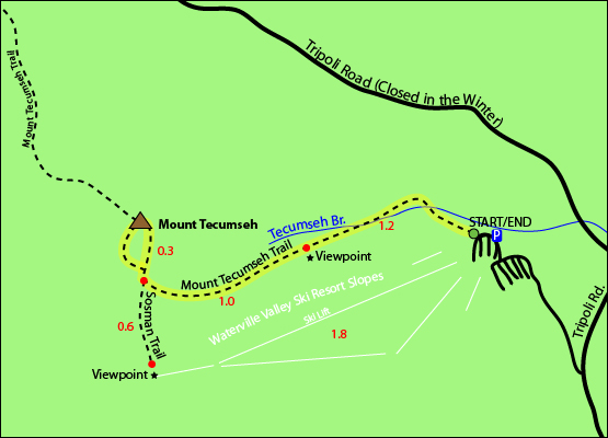 Mount Tecumseh Map - Mount Tecumseh Trail, Sosman Trail, Waterville Valley Ski Resort Area Slopes, Tripoli Road, Route 49, Waterville Valley, NH, New Hampshire, White Mountains